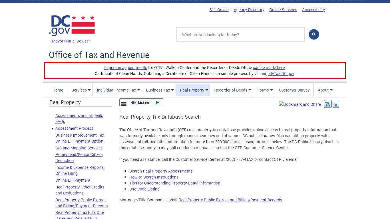 Real Property Tax Database Search | otr - Washington, D.C.
